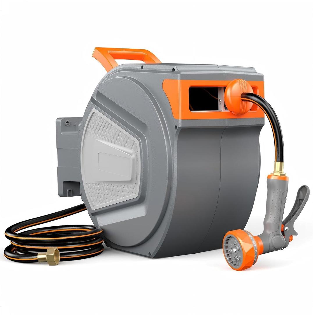 DUMOS Retractable Garden Hose Reel, 1/2 in X 65 ft Water Hose with Nozzle