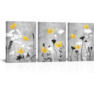 LoveHouse Yellow and Grey Bathroom Flower Wall Art Grey and Yellow Bathroom Pictures Prints Gray Floral Art Decor