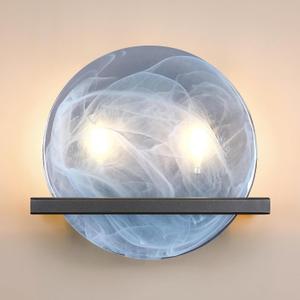 2 Light 10" Round Bllue Glass Bathroom Wall Sconce Modern Concise Style Wall Light Fixture,Black Finish for Bedroom Hallway Bedside