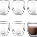 Double Walled Espresso Cups Set of 6, 2.7oz Insulated Clear Glass Coffee Mugs, Glass Espresso Shot Cup Set, Double Wall Glasses for Latte Cappuccino Cocoa Milk Cafe Juice Tea 80ML