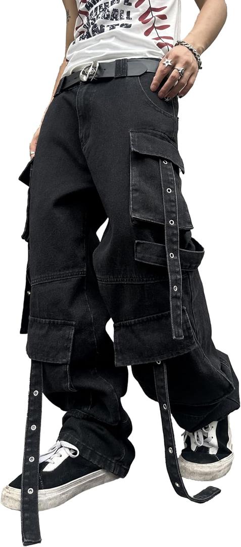 Mens Goth Baggy Cargo Jeans with Pockets Steampunk Patchwork Embroidery Wide Leg Denim Pants (X-Small, F10 Black)