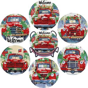 Leatrice Diamond Art Coasters Set of 6, Small Diamond Painting Kits for Adults Beginners Women, Gem Art Coasters with Holder, Funny Arts Supplies for Kitchen Decor Christmas Truck