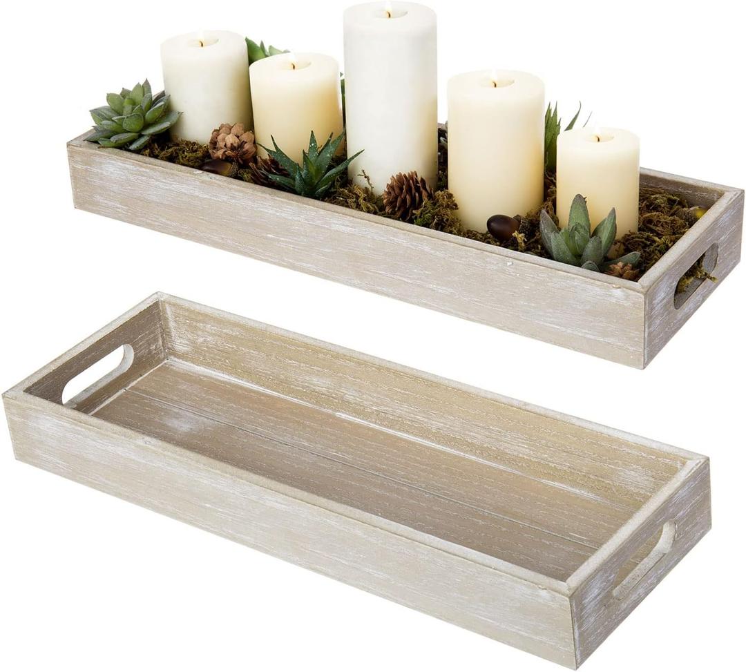 MyGift 16 x 6 Inch Rustic Torched Brown Wood Decorative Trays with Cutout Handles, Wooden Rectangular Table Centerpiece Ottoman Display Serving Platter, Set of 2