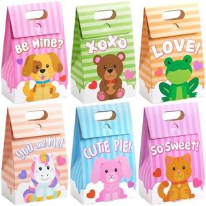 JOYIN 16 Pcs 7.8" Valentine’s Day Gift Boxes, Animal Paperboard Treat Bag with Handle, Valentines Goodie Boxes with 6 Animal Themed Designs for Kids Classroom Prize, Gift Exchange, Party Favors Supply