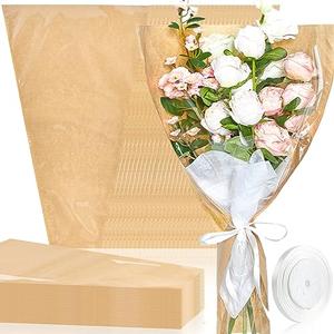 Jutieuo 50 Pcs Flower Bags for Bouquet, Flower Wrapping Kraft Paper Floral Sleeve Bouquet Bags with Ribbons for Florist Supplies Wedding Birthday Mother's Day, 14x22 Inches