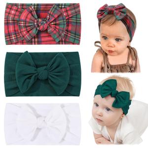 jollybows 3PCS Baby Nylon Headbands Christmas Hairbands Hair Bow Elastics for Baby Girls Newborn Infant Toddlers Kids (10-White+Green+Plaid, 3 Count (Pack of 1)