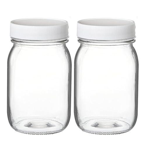 PR1M3 Mason Jars 16 oz Regular Mouth (2 Pack) Clear Glass with Plastic Lids for Sealing, Canning Jars for Food Storage, Overnight Oats, Dry Food, Snacks, Candies, DIY Project.