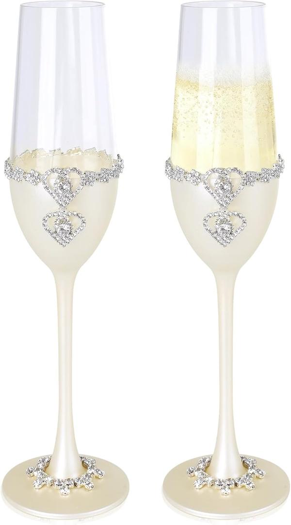 Wedding Champagne Flutes Set of 2, 7oz Toasting Flutes with Crystal Rhinestone, Champagne Glasses for Mr & Mrs, Bride & Groom Wedding Gifts for Engagement, Bridal Shower, Anniversary, Party, Banquets
