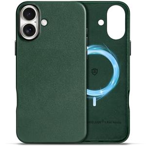 SHIELDON Case for iPhone 16 Plus 6.7", Genuine Leather Magnetic Wireless Charging Non-Slip Anti-Scratch Shock-Absorbent Case with Metal Button Compatible with iPhone 16 Plus - Nappa Midnight Green
