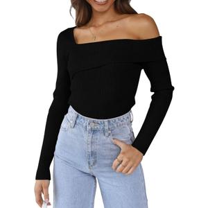 LILLUSORY Womens Off The Shoulder Sweaters Going Out Fall Sexy Knit Pullover Lightweight Asymmetrical Tops Clothes 2026 (Medium, Black)
