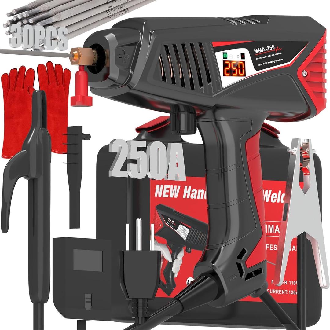 Runtoo Handheld Welder, Welder Machine 110V Hand Held Welder 20-250A, 30 PCS Rods Portable Welding Machine, 1/16"-1/8" Stick Welder, 2-in-1 MMA IGBT Inverter ARC Welder with Digital Display