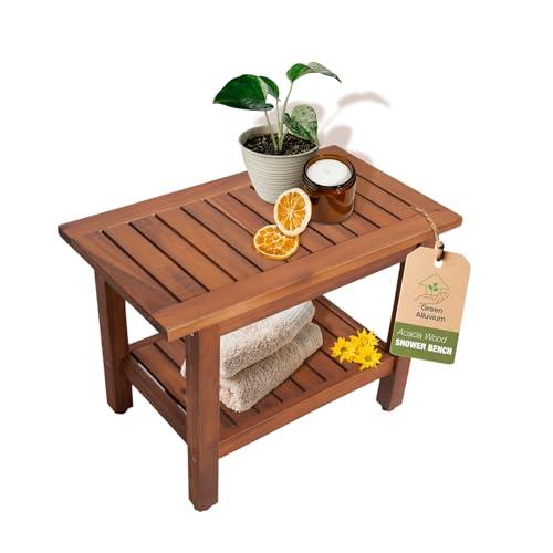 GREEN ALLUVIUM Acacia Wooden Shower Bench with Storage Shelf - Non Slip Sturdy Wood Shower Seat for Inside Shower, Spa - 24" Waterproof Shower Chair 350 lbs Capacity - Golden Teak Finish