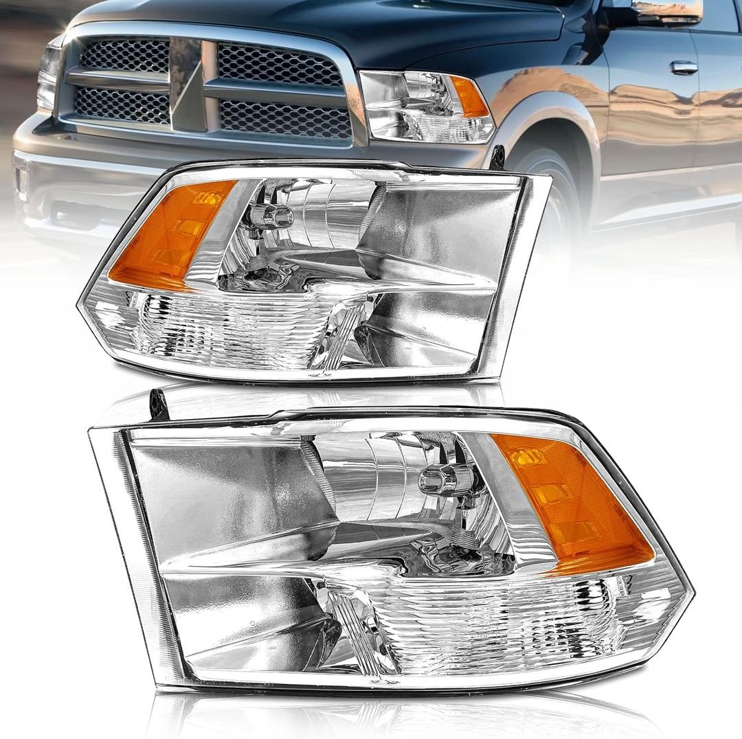 AS Headlight Assembly Compatible with 2009 2010 2011 2012 2013 2014 2015 2016 2017 2018 Dodge Ram 1500,2010-2018 Dodge Ram 2500/3500 Pickup QUAD Chrome Housing Pair (Not Fit Factory Projector Style)