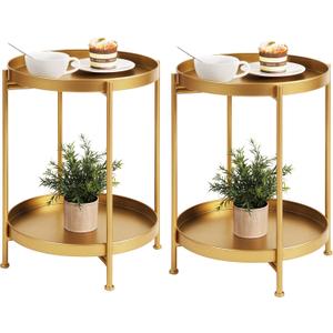 Tiita 2 Pack Round End Table Mental Side Table Nightstand/Small Wood Tables Accent Coffee Table with Wooden Tray for Living Room Bedroom Office Small Space (Gold)