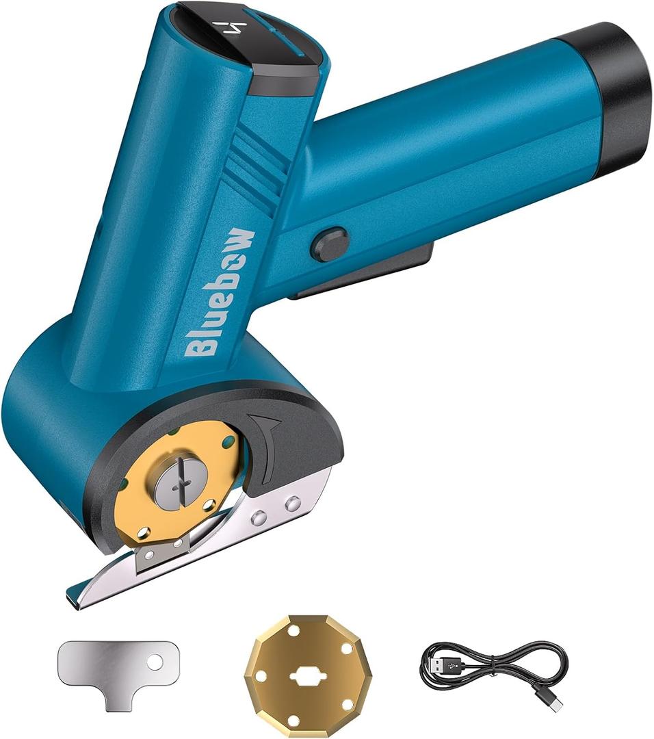 Cordless Electric Scissors, Rechargeable Cardboard Cutter with LED Light, 4-Speed Settings, Safety Lock, 2 Blades, USB-C Battery Powered Box Cutter for Carpet, Leather, Fabric, Packages, Blue
