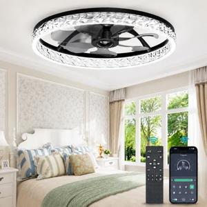 Aphyni Crystal Ceiling Fans with Lights and Remote, 20" Low Profile Flush Mount Ceiling Fan with 7 Blades, 6 Speeds, 3CCT Dimmable LED Light (3000K-6500K), Modern Fandelier Ceiling Fans for Bedroom