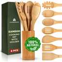 Bamboo Utensils 7 PCs with Holder  Bamboo Cooking Utensils Set + Holder for Nonstick  Wooden Spoon Sets for Cooking  Easy to Clean, Sturdy, Lightweight & Heat Resistant