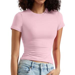 OMKAGI Double Lined Slim Fit T Shirts for Women Short Sleeve Crew Neck Crop Top (XL)