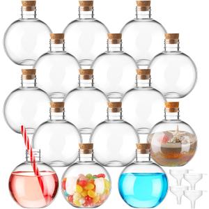 Jinei 15 Pcs 6 oz Spherical Plastic Potion Bottles Ball Shape Sand Art Bottles with Funnel Christmas Cocktail Ornament Balls Candy Jar for DIY Wedding Party Crafts Decoration(Wood Color, Cork)