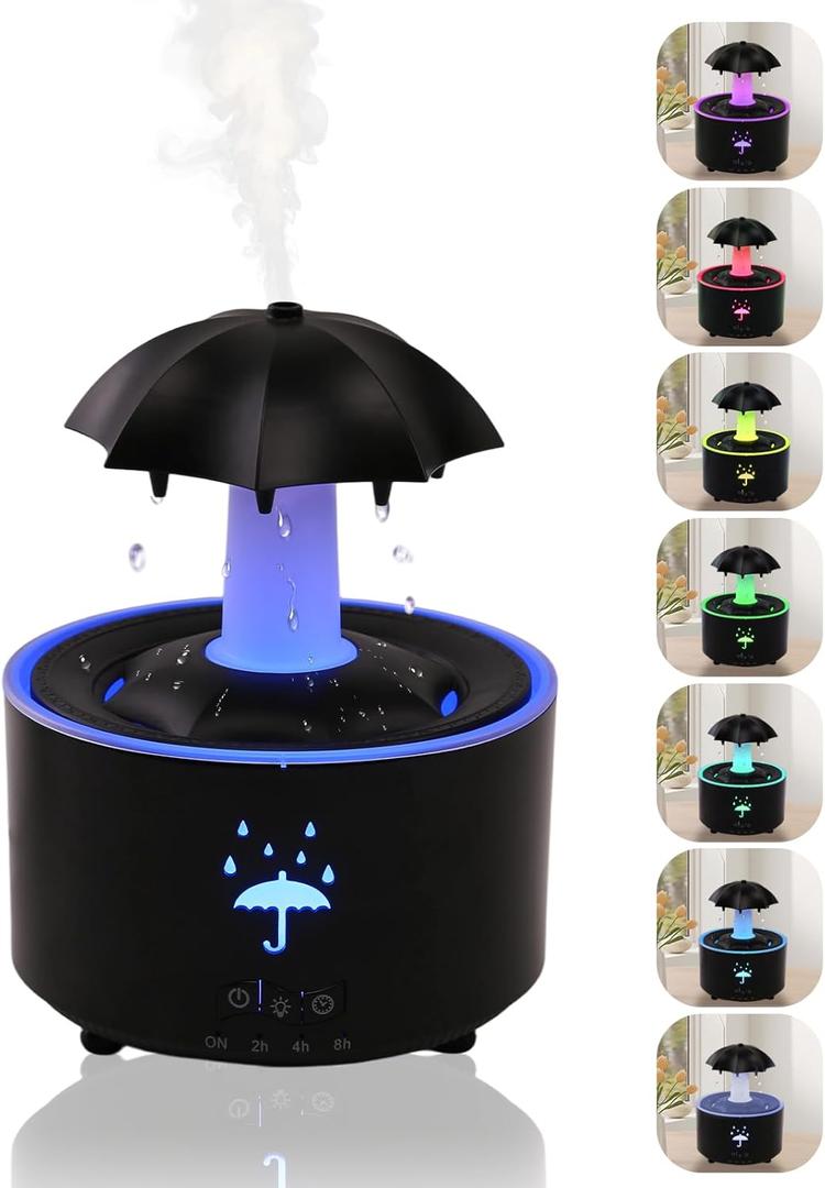 Rain Humidifier Oil Diffuser, Raindrop Essential Oil Aromatherapy Diffuser for Bedroom, 360 Rotating Raindrop & 7 LED Mood Lights, Auto Shut-Off, Quiet Cool Mist Humidifier for up to 24 Hrs (Black)