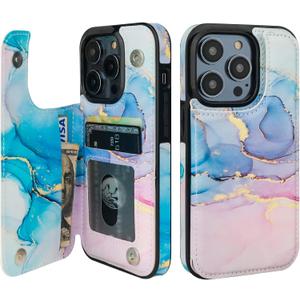HAOPINSH for iPhone 14 Pro Wallet Case with Card Holder, Pink Blue Marble Pattern Back Flip Folio PU Leather Kickstand Card Slots Case for Women Girls, Double Magnetic Clasp Shockproof Cover 6.1"