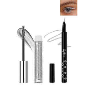Silver Glitter Mascara + Eyeliner Pen Set, Shimmer Volume Colorful Mascara, Sparkling Liquid Eyeliner, Waterproof, High-Pigmented, All-Day Wear Shine Eye Makeup for Dazzling Looks