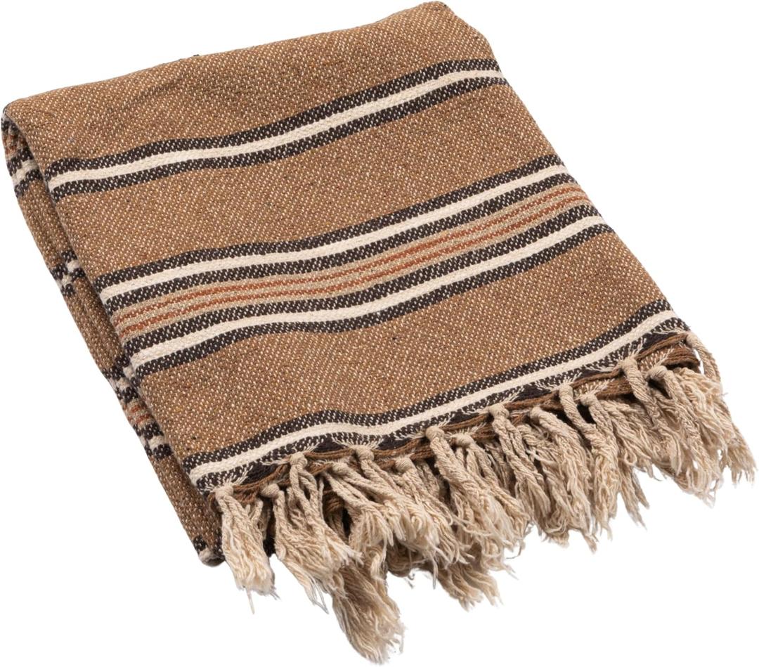 Creative Co-Op Cotton Blend Throw with Stripes and Fringe, Rust Color, Natural and Black