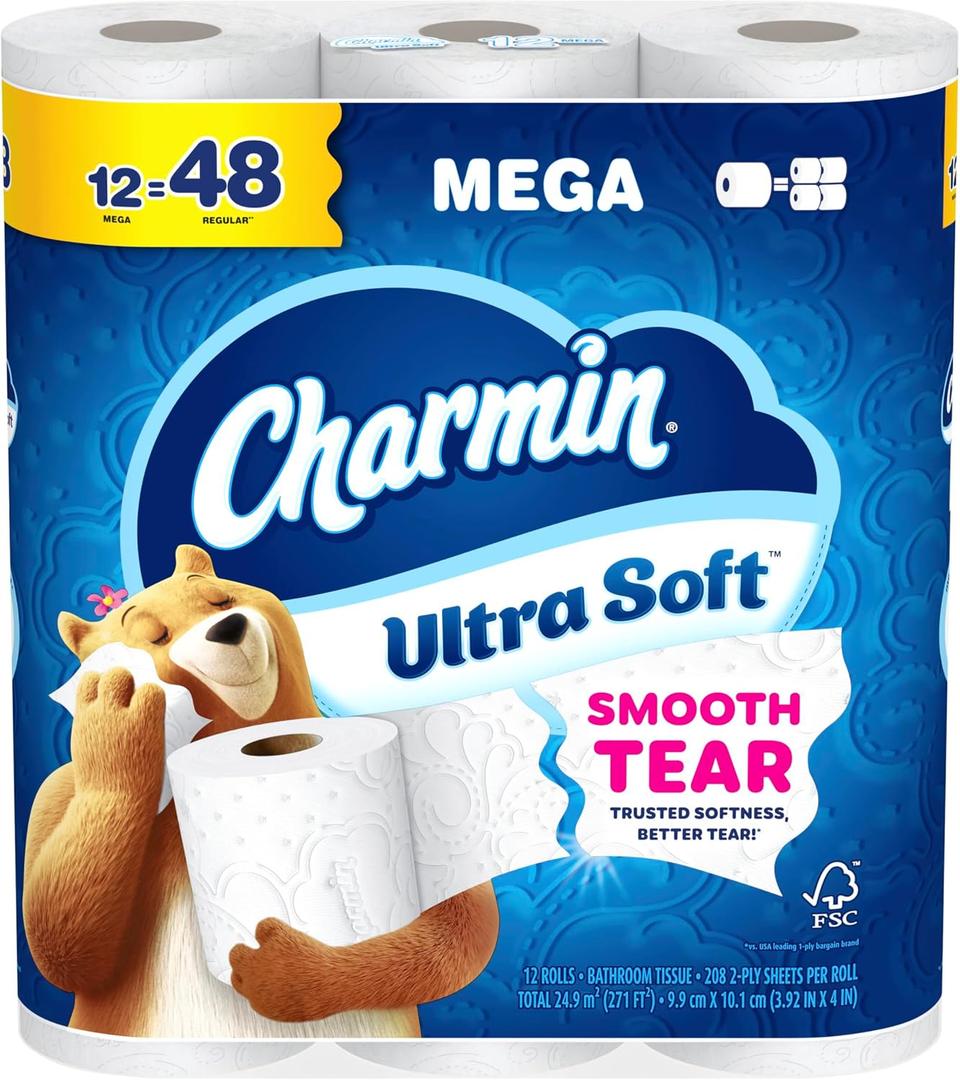 Charmin Ultra Soft Toilet Paper, 12 Mega Rolls = 24 Regular Rolls, 2-ply Bath Tissue