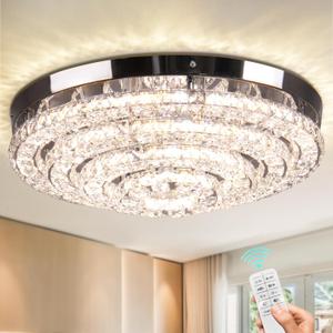 Modern LED Chandeliers 17.7" K9 Crystal Chandelier 4 Round Stainless Steel Ceiling Light Fixture for Dining Room Bedrooms Living Room (Dimmable 3500K-6000K)