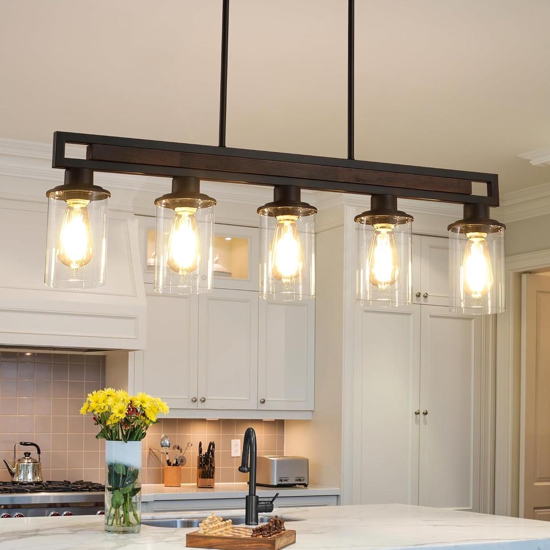 Farmhouse Dining Room Light Fixture Over Table, 5-Light Wood Kitchen Island Lighting, Black Adjustable Pendant Light with Clear Glass Shades, Linear Chandeliers Lighting for Kitchen