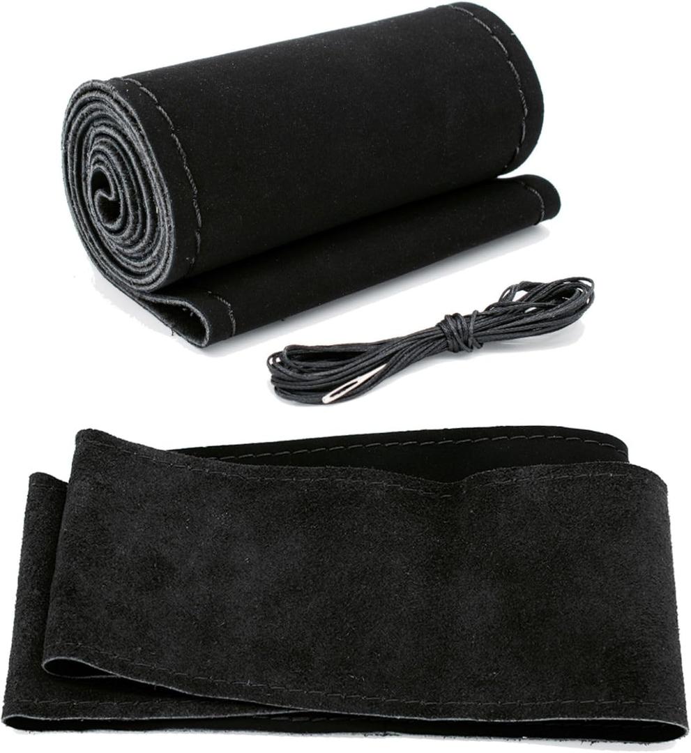 AUTOXBERT 38cm/15 Suede Leather Non-Slip Steering Wheel Cover DIY Hand Sewing Cowhide Leather Skidproof Car Protector with Needle Thread (Sude Black)