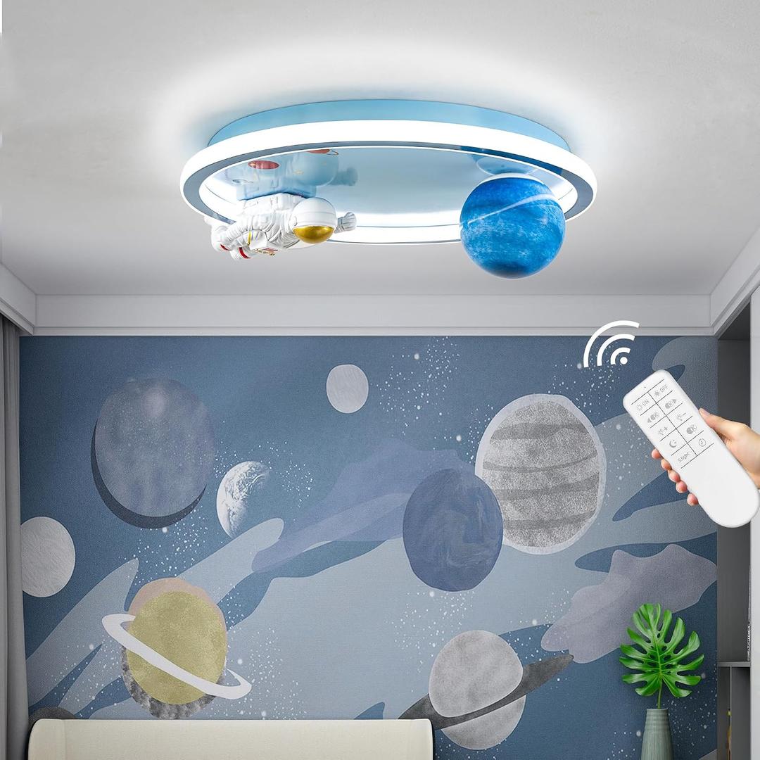 Shine LUEST Astronaut Ceiling Light Fixture 20" Dimmable Kids Flush Mount Ceiling Lights for Bedroom LED Chandelier 3000K-6000K with Remote Children Ceiling Lamp for Kitchen,Nursery Room