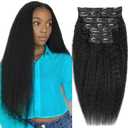 Kinky Straight Clip in Hair Extensions Real Human Hair 8pcs 20Clips Yaki Straight Clip Ins 16Inch 110g Full Head Hair Extensions Brazilian Remy Hair Double Weft Natural Black
