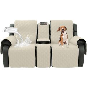 Loveseat Recliner Cover with Center Console, 100% Waterproof Pet Cover for Dual Recliner with Straps Design, Split Reclining Loveseat Covers Furniture Pet&Kids Protector (Ivory White)