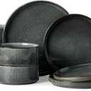 Famiware Star 18-Piece Reactive Glaze Plates and Bowls Sets, Service for 6 - Stoneware Dinnerware with Trim, Modern Rustic Dishes, Chip & Scratch Resistant, Microwave & Dishwasher Safe, Deep Forest