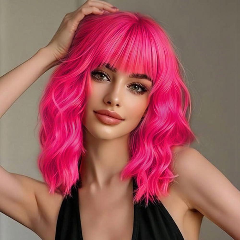 Short Bob Wavy Wig with Bangs for Women Loose Curly Wig Look natural Shoulder Length Bob Synthetic Cosplay Wig for Girl Colorful Costume Wigs (81)