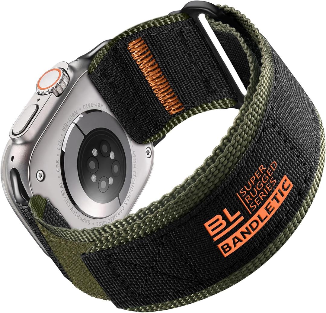 Bandletic Rugged Nylon Bands Compatible with Apple Watch Ultra 2 Band 49mm Men, Tactical Military Woven Sport Loop Strap for iWatch Series 11 10, 9 8 7, SE3 SE2 SE 6 5 4, Black/Green, Size: Large 49mm