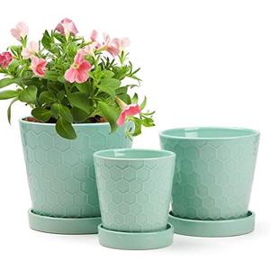 BUYMAX Plant Pot –4”+5”+6” inch Ceramic Pots for Plants with Drainage Holes and Ceramic Tray - Gardening Home Desktop Office Windowsill Decoration Gift Set 3 - (Mint Green)