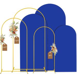 MODFUNS Metal Arch Backdrop Stand and Cover Set 6&6.6&7.2ft Gold Wedding Arched Frame Royal Blue Arches Cover Backdrop Arch Stand for Party Birthday Banquet Reception Decor
