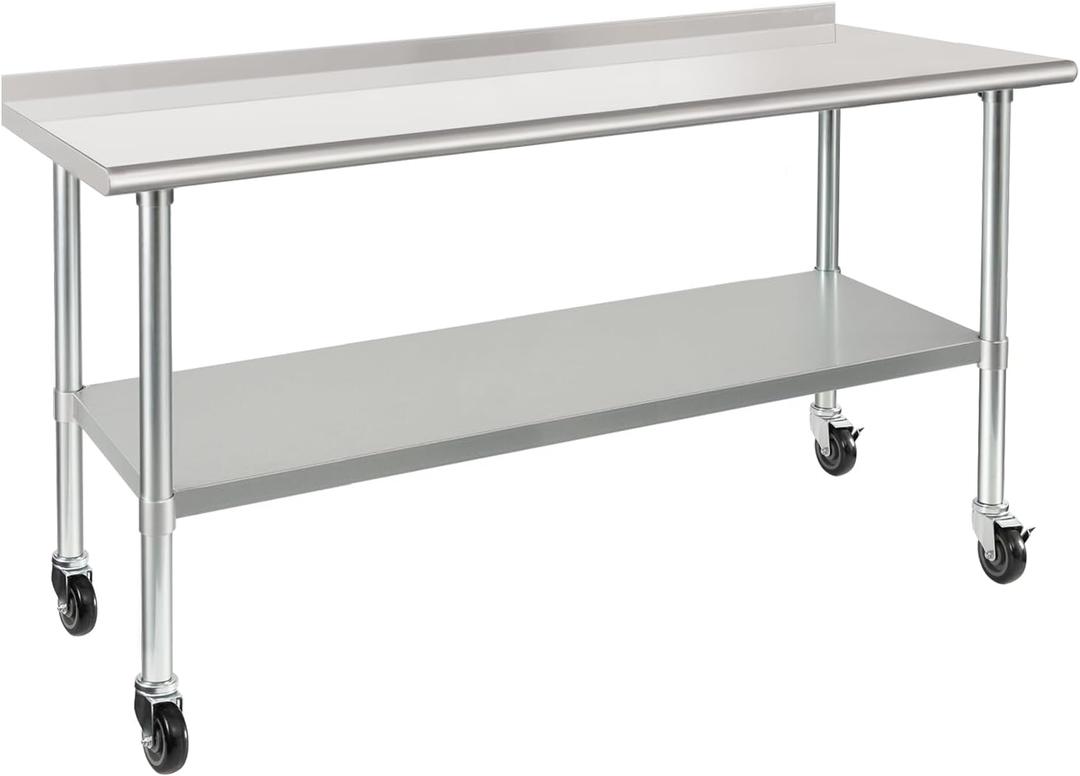 HARDURA Stainless Steel Table 24 x 72 Inches with Wheels Casters NSF Heavy Duty Commercial Prep Table with 2 Backsplash and Adjustable Undershelf for Restaurant Kitchen Home and Hotel