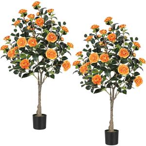 4FT Artificial Camellia Tree, 2 Pack Faux Camellia Plant with Planter, Realistic Fake Potted Plants with Flowers and Planters for Indoor Outdoor Home Office Porch Decor, Orange