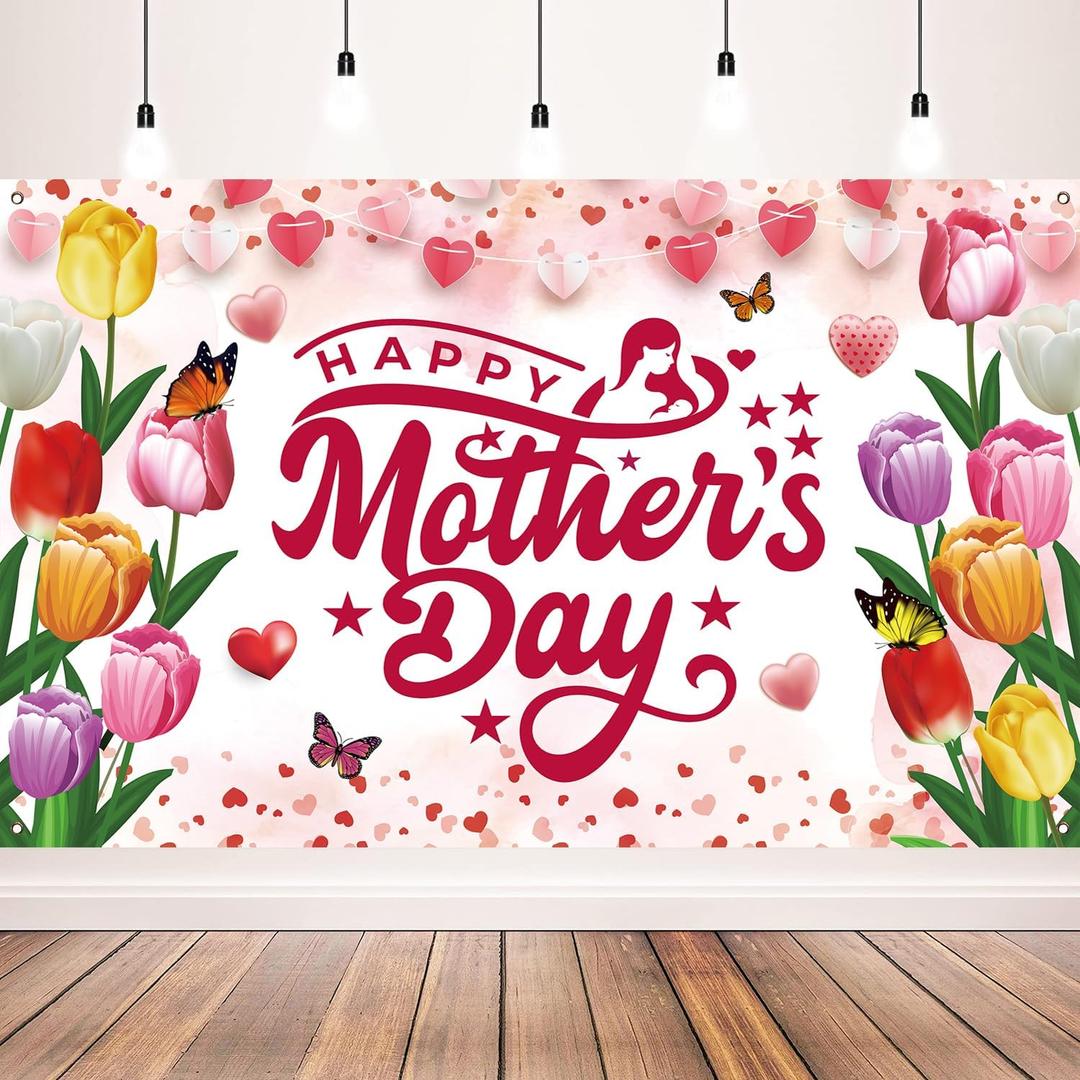 Mothers Day Decorations Happy Mothers Day Banner Backdrop for Mothers Day Party Decorations, 71 x 43 Inch