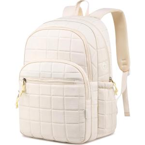Laptop Backpack for Women College Travel, Quilted Daypack Bookbag for School Teen Girls Mochilas Mujer, Beige (15,6 inch)