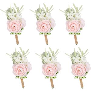 Meldel Pink Boutonniere for Men, Set of 6, Groom and Best Man Boutonniere with Artificial Flower,for Wedding Ceremony Anniversary, Formal Dinner Party, Fall Vintage Rustic Wedding Prom