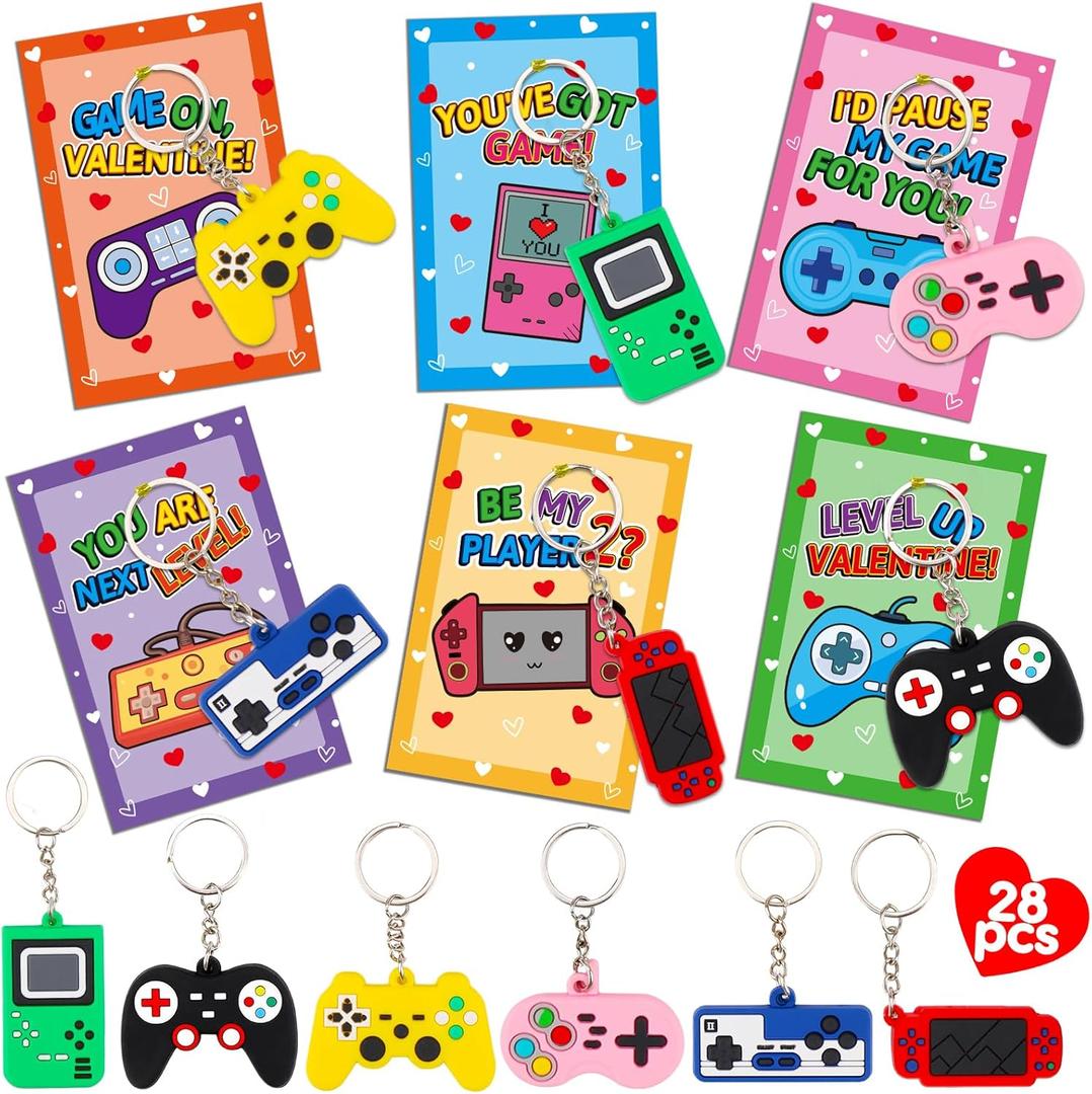 28PCS Video Game Keychains Valentines Day Cards for Kids School Valentine Gifts for Kids Classroom Party Favors Funny Preschool Valentine's Day Exchange Cards for Toddler Class Boy Girl Treat Bulk