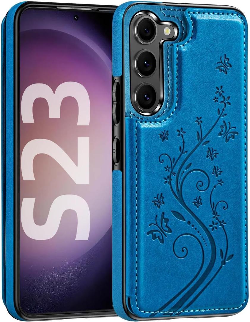 Korecase Wallet Phone Case for Samsung Galaxy S23 with Card Holder, Butterfly Floral PU Leather Back Flip Case -Blue