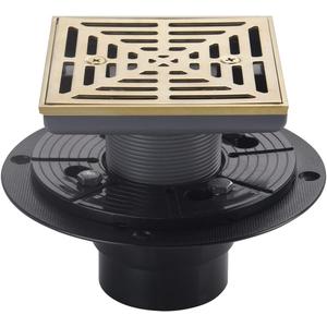 4-1/4 Inch Brushed Gold Shower Drain Square, Base with Adjustable Drain Flange Kit PVC, Removable Grille Strainer Drain Cover with Screws, SUS304 Stainless Steel Brass Face