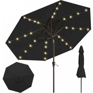 10FT Solar Lighted Patio Umbrella, Outdoor Table Market Umbrellas with Push Button Tilt and Crank, 32 LED Lights, 8 Sturdy Ribs, UV-Resistant for Deck, Garden, Pool