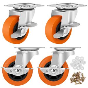 Caster Wheels, 3 Inch Casters Set of 4, Heavy Duty Caster with Brake, Locking Castors with Polyurethane Wheel, Plate Swivel Castor Wheels for Furniture Carts, Workbench Casters