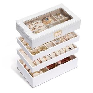 Homde Jewelry Tray Stackable Jewelry Box Drawer Organizer with Glass Lid, Removable Dividers for Vanity Table Gift Idea for Girls and Women (White), Length: 12 Inches; Width: 8 Inches; Height: 6 Inches
